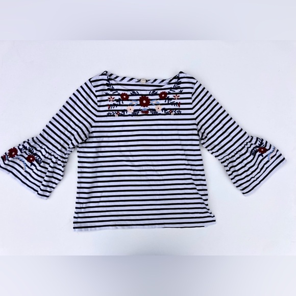 J. Crew Floral Embroidered Striped Bell Sleeve Cotton Top - Picture 2 of 10